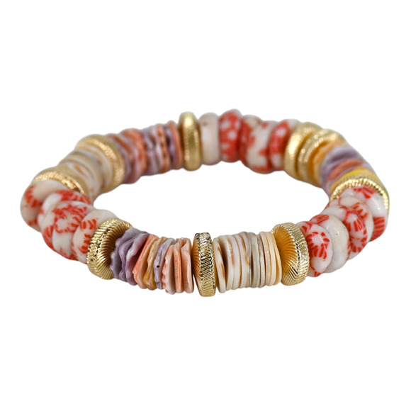 Akola Elora Multicolor Glass Shell Beaded Gold Coin Stretch Bracelet - Picture 1 of 8